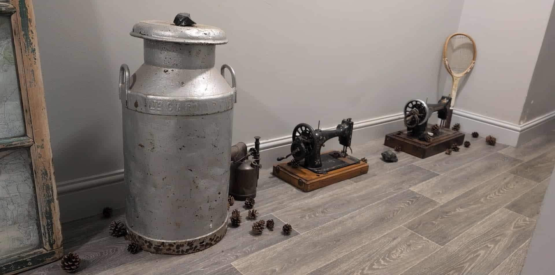 Antique sewing machines in lobby