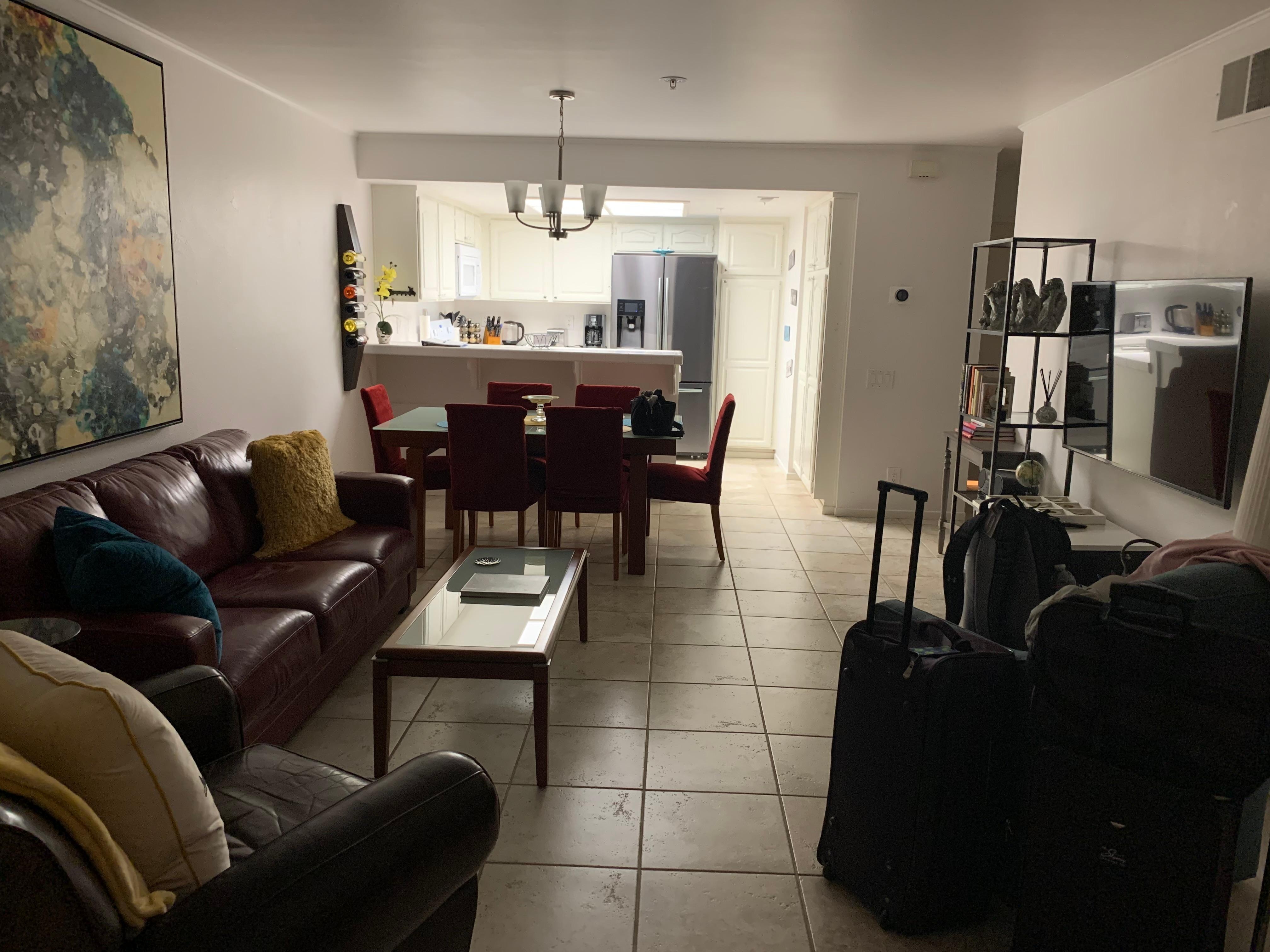 Living area and dining room; kitchen