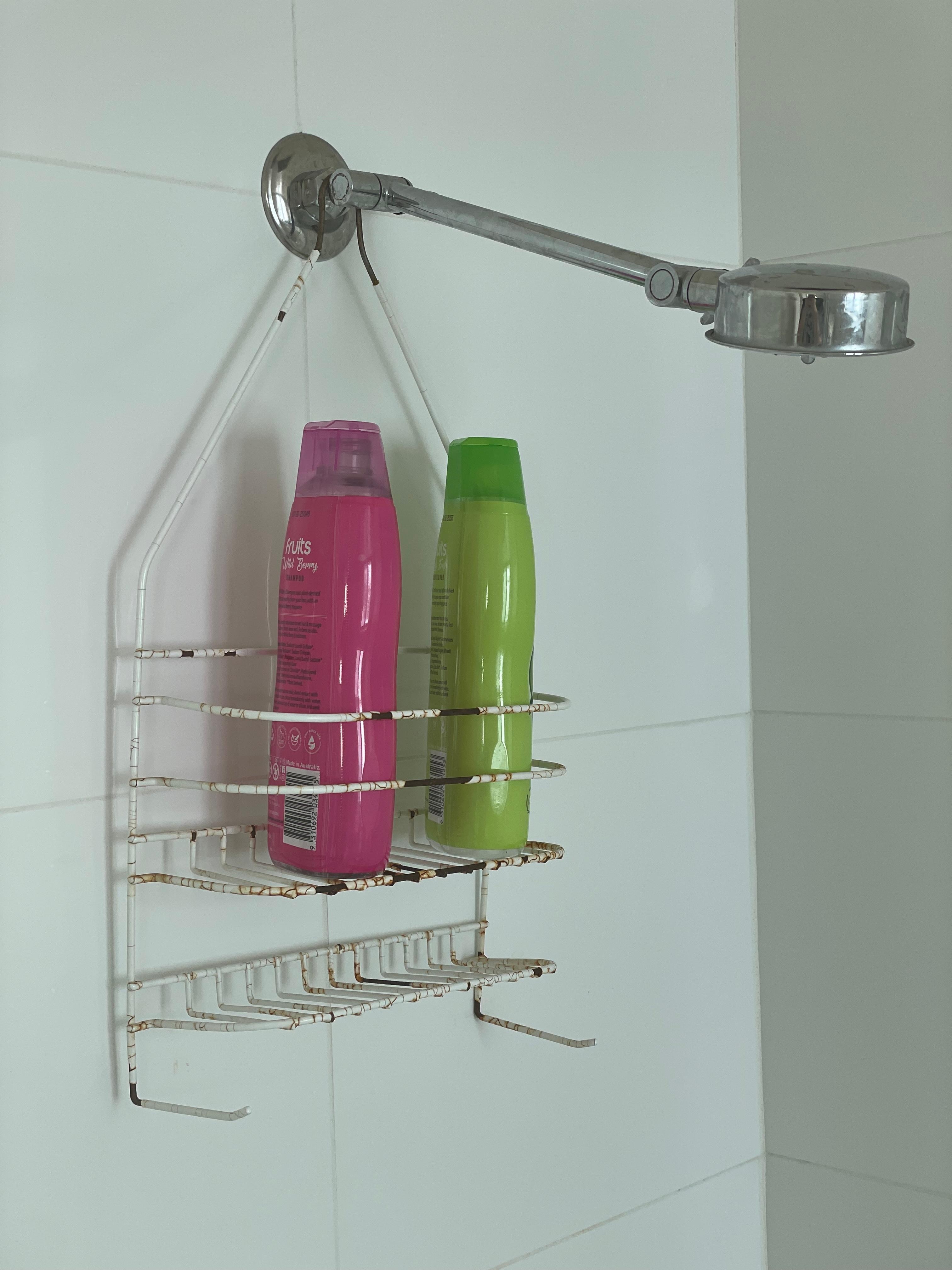Shampoo and conditioner in a rusted and cracked shower holder. No soap.
