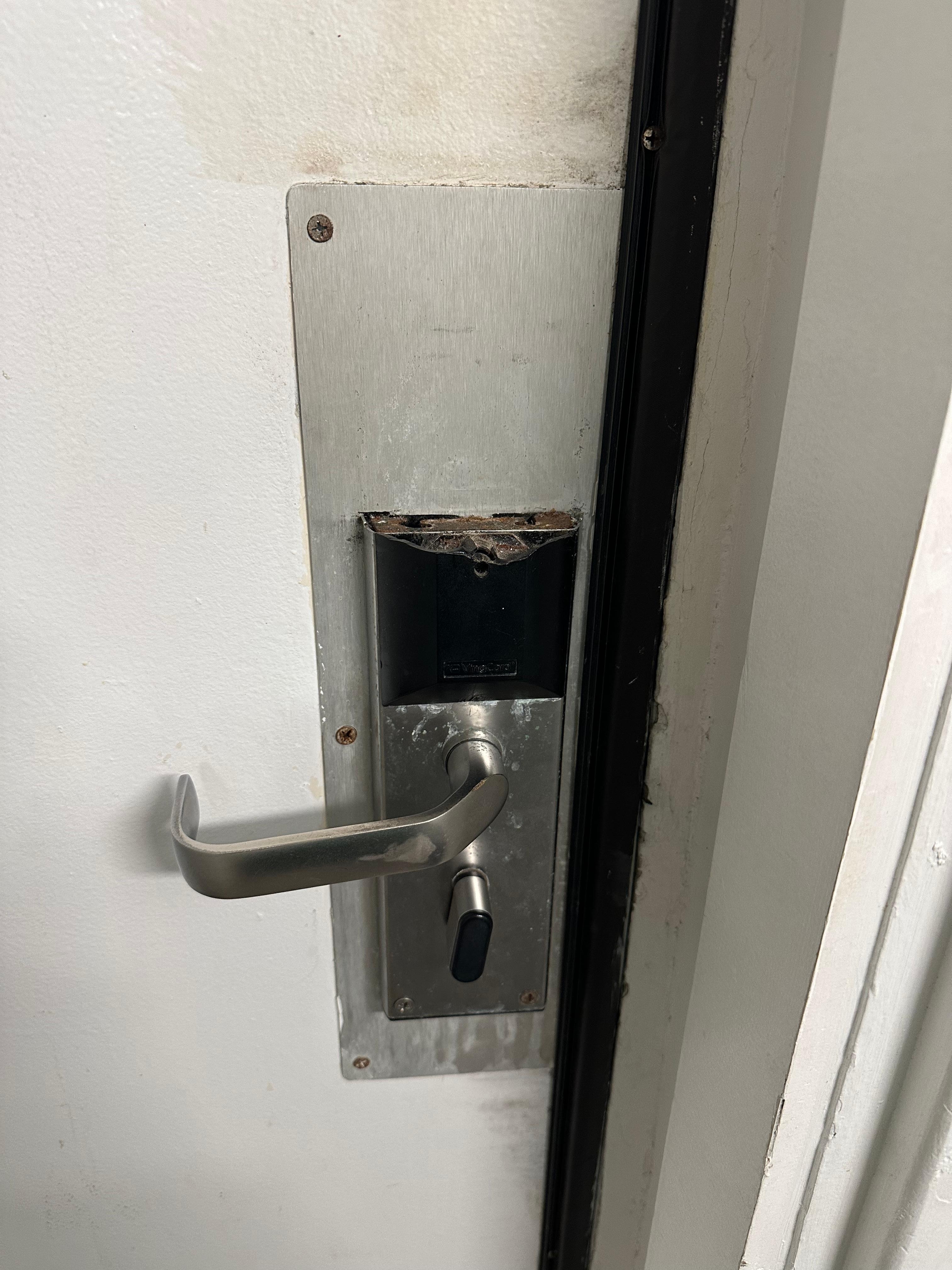This is the lock that’s supposed to keep people out. It doesn’t work. A disconnect deadbolt is all that works. Had to prop a stool underneath. 