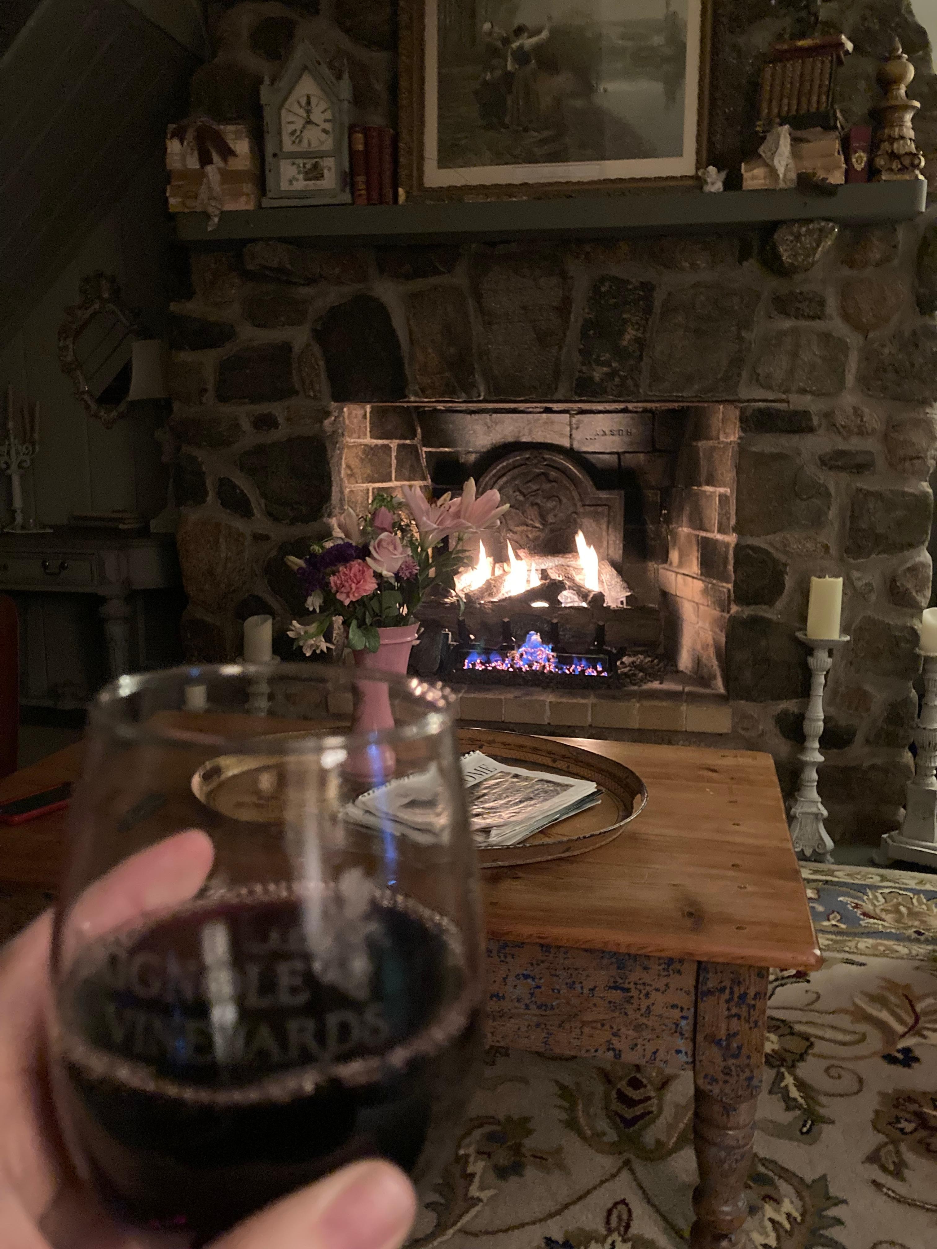 Relaxing by the fire. 