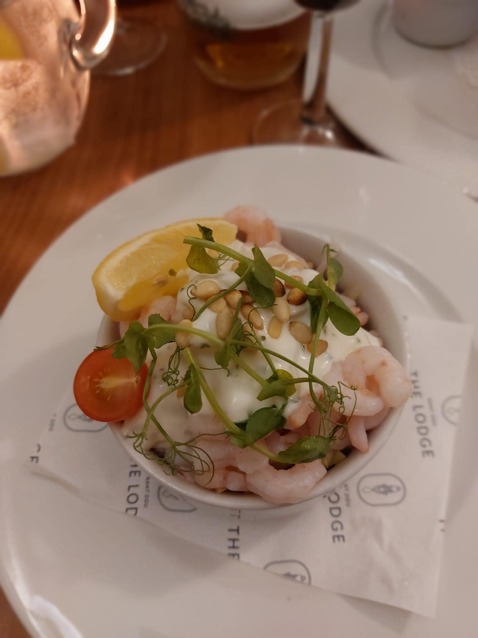 Restaurant 
Starters prawn cocktail with Malibu, pineapple and walnuts