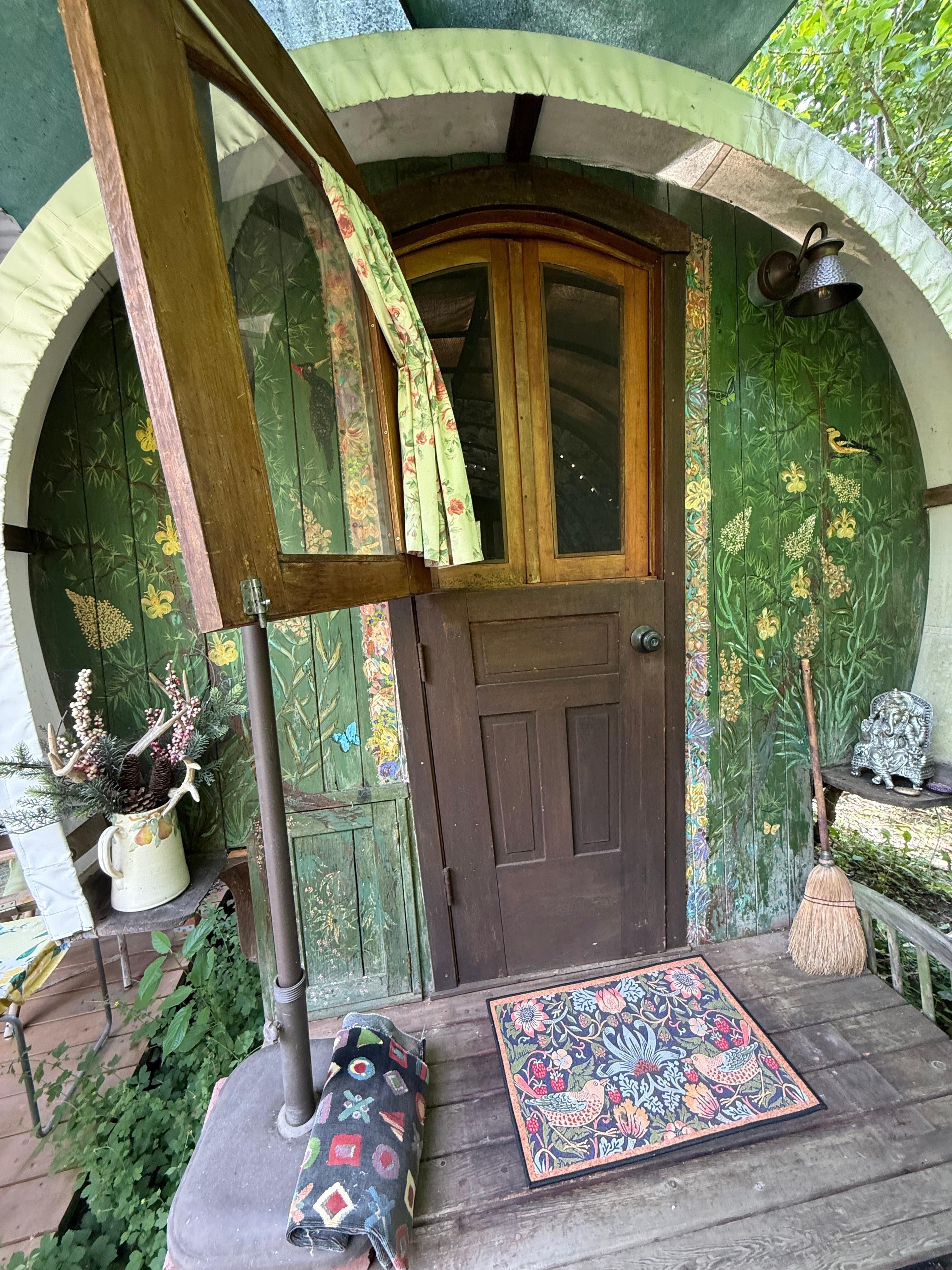 Hand painted caravan, Dutch door, floral and lace curtains