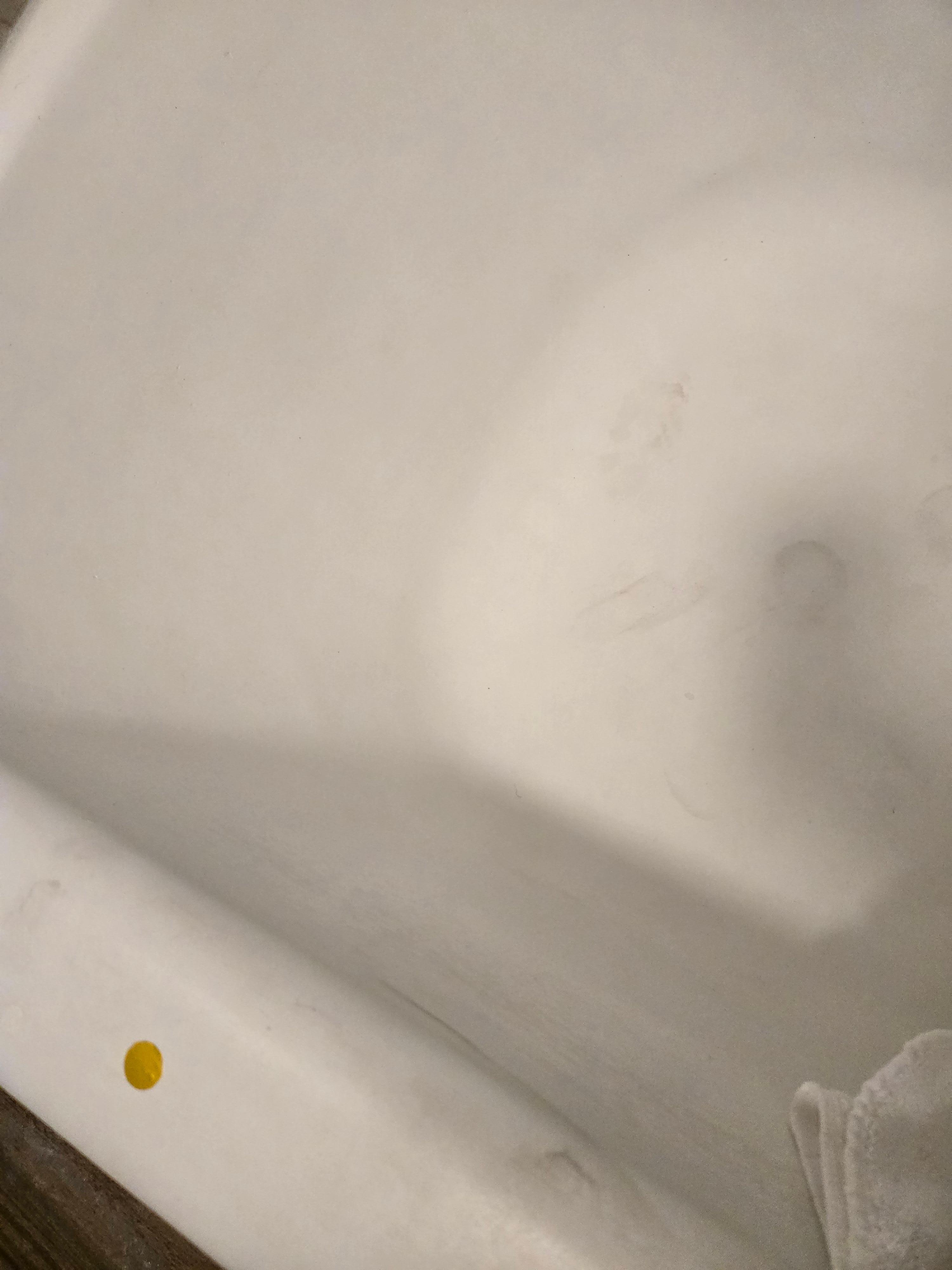 Some random stickers, hair, and unclean looking tub.