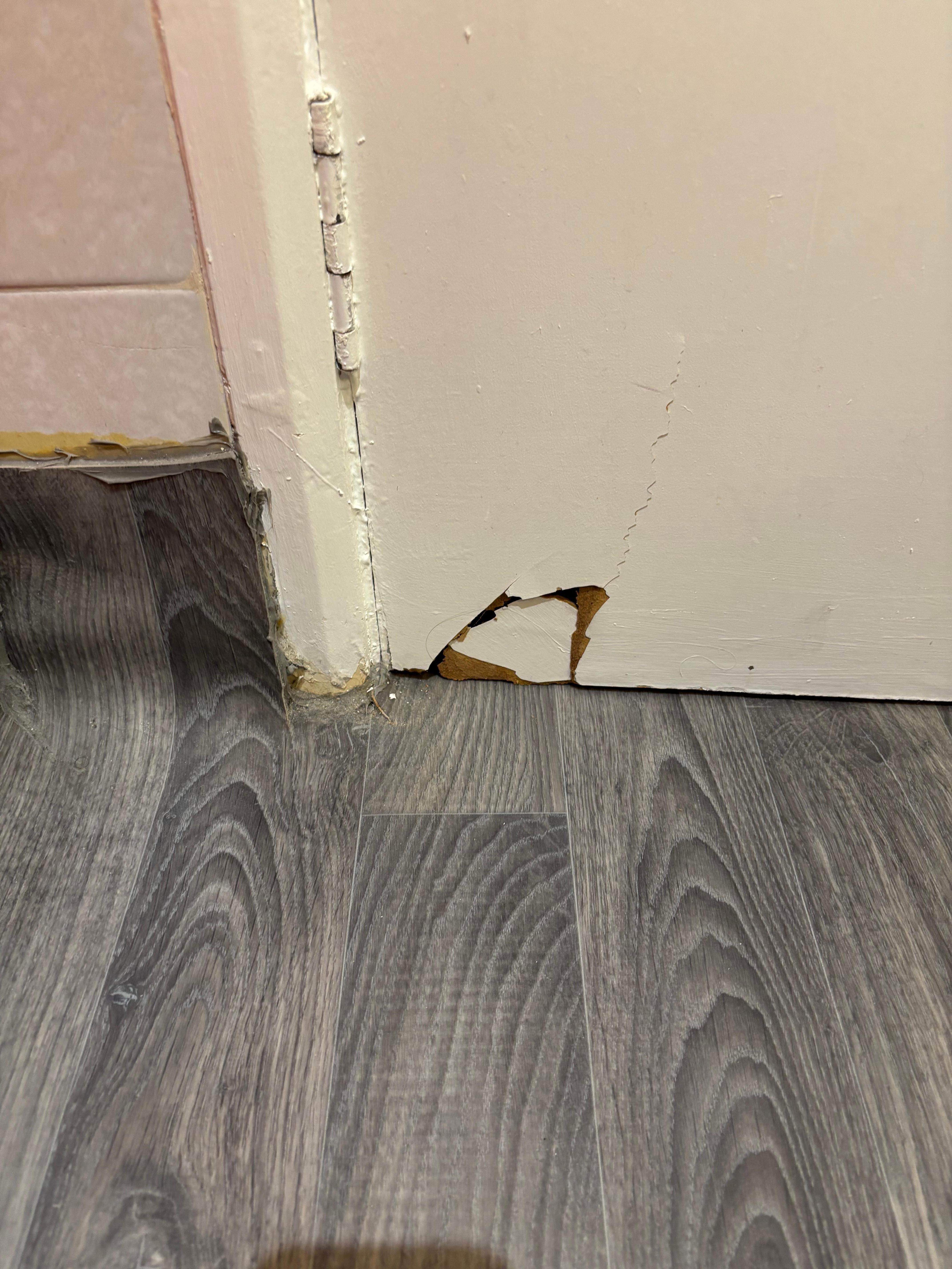 Door of bathroom scrapes on vinyl floor and had been broken. 