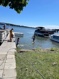 Sandy walkout, perfect for all steps from the house. Opposite side of dock big enough for 2 boats.