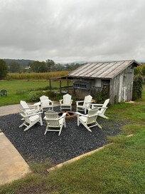 Fire pit with view of the resident ducks and rabbits.