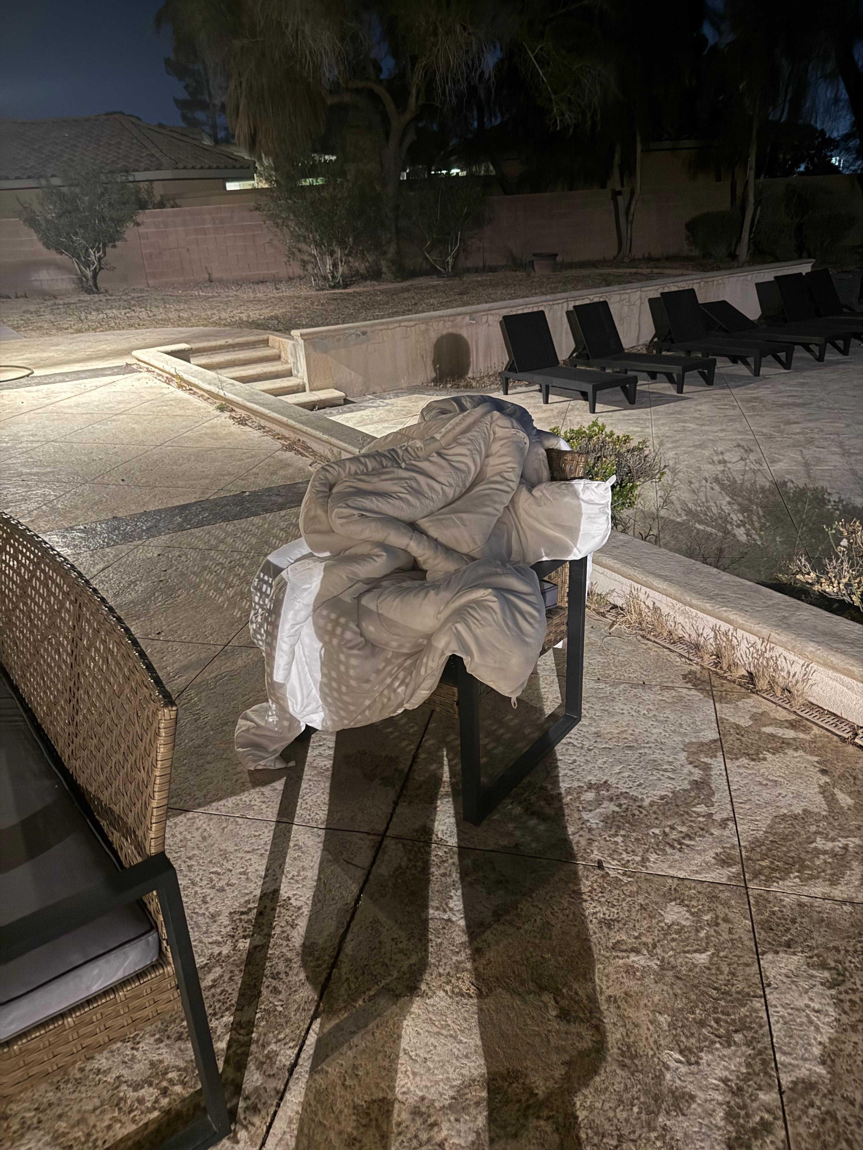Old bedding on patio. 