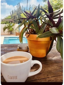 Coffee ☕️ with the birds 🐦 and pool.
