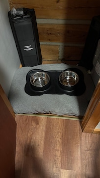 Dog bed and bowls