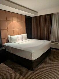 An amazing king size bed, curtains that black out the room for a sleepy night dreaming comfortably atop of the soft fluffy pillows, business suite was the right choice for the best experience