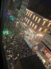 This rave concert was thumping techno music and lights until 11:00 pm. This was outside our room.