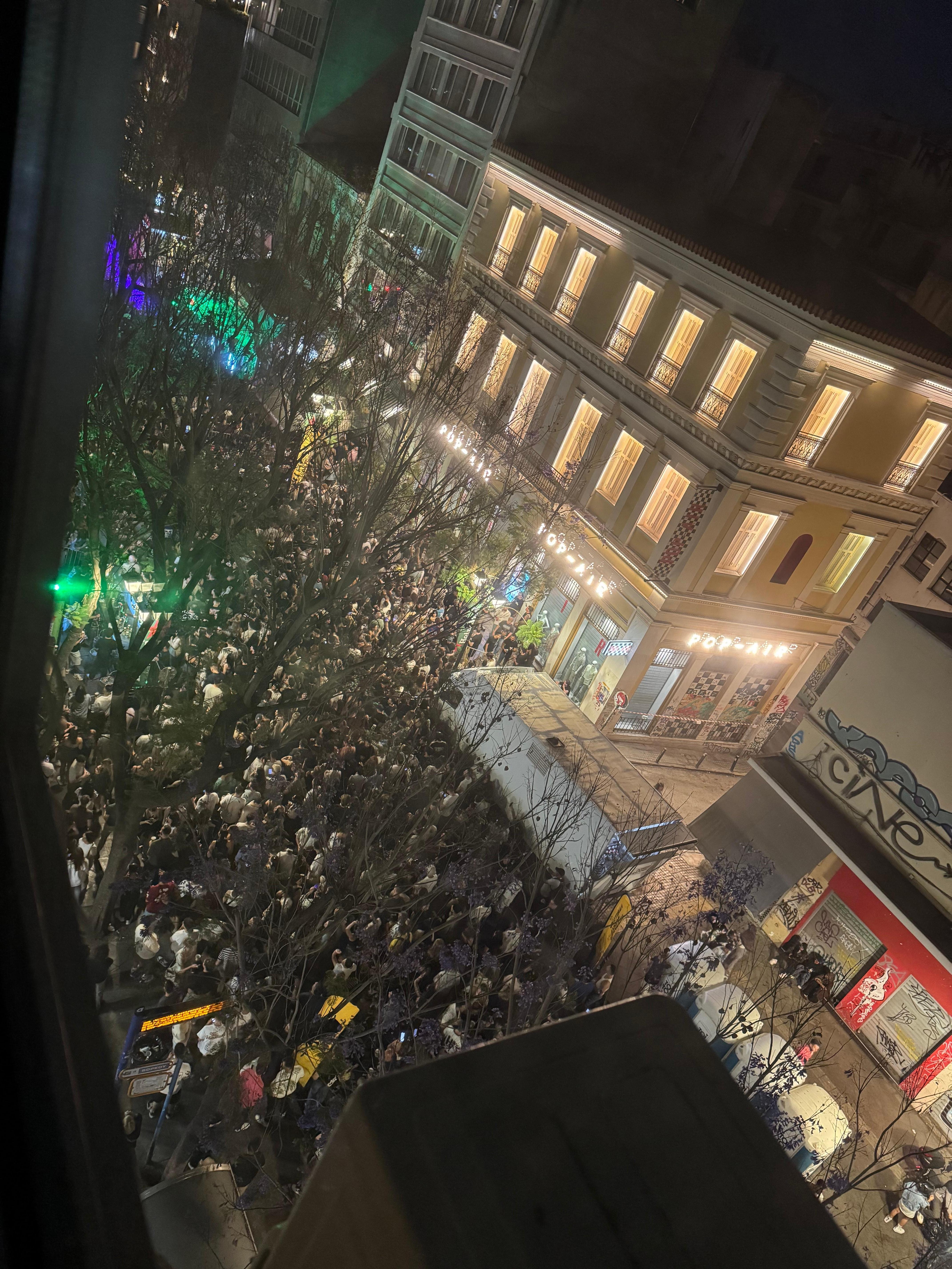 This rave concert was thumping techno music and lights until 11:00 pm. This was outside our room.