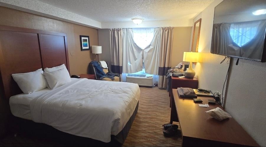 The room is basic no frills. The carpet could really use a shampoo cleaning... it was kinda gross. The mattress was a little too soft for my taste and the pillows are too fluffy- over-filled for my taste. They didn't have any flatter pillows.