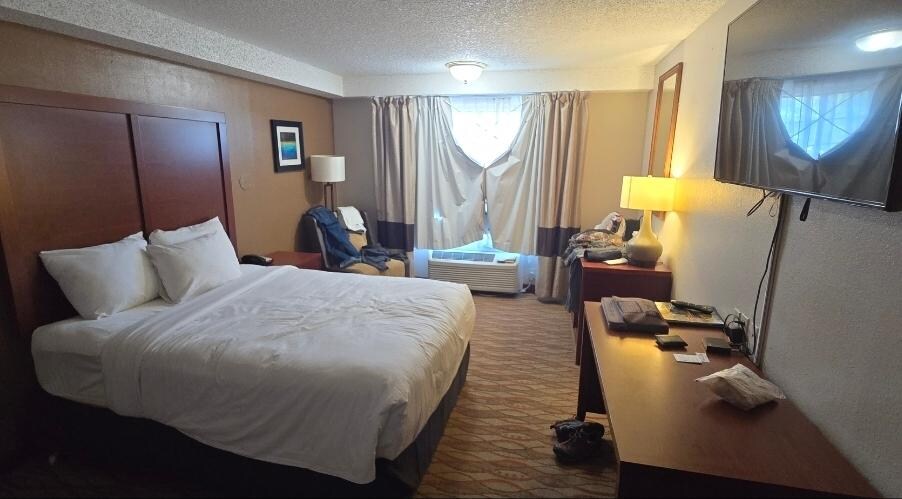 The room is basic no frills.  The carpet could really use a shampoo cleaning... it was kinda gross. The mattress was a little too soft for my taste and the pillows are too fluffy- over-filled for my taste.  They didn't have any flatter pillows.