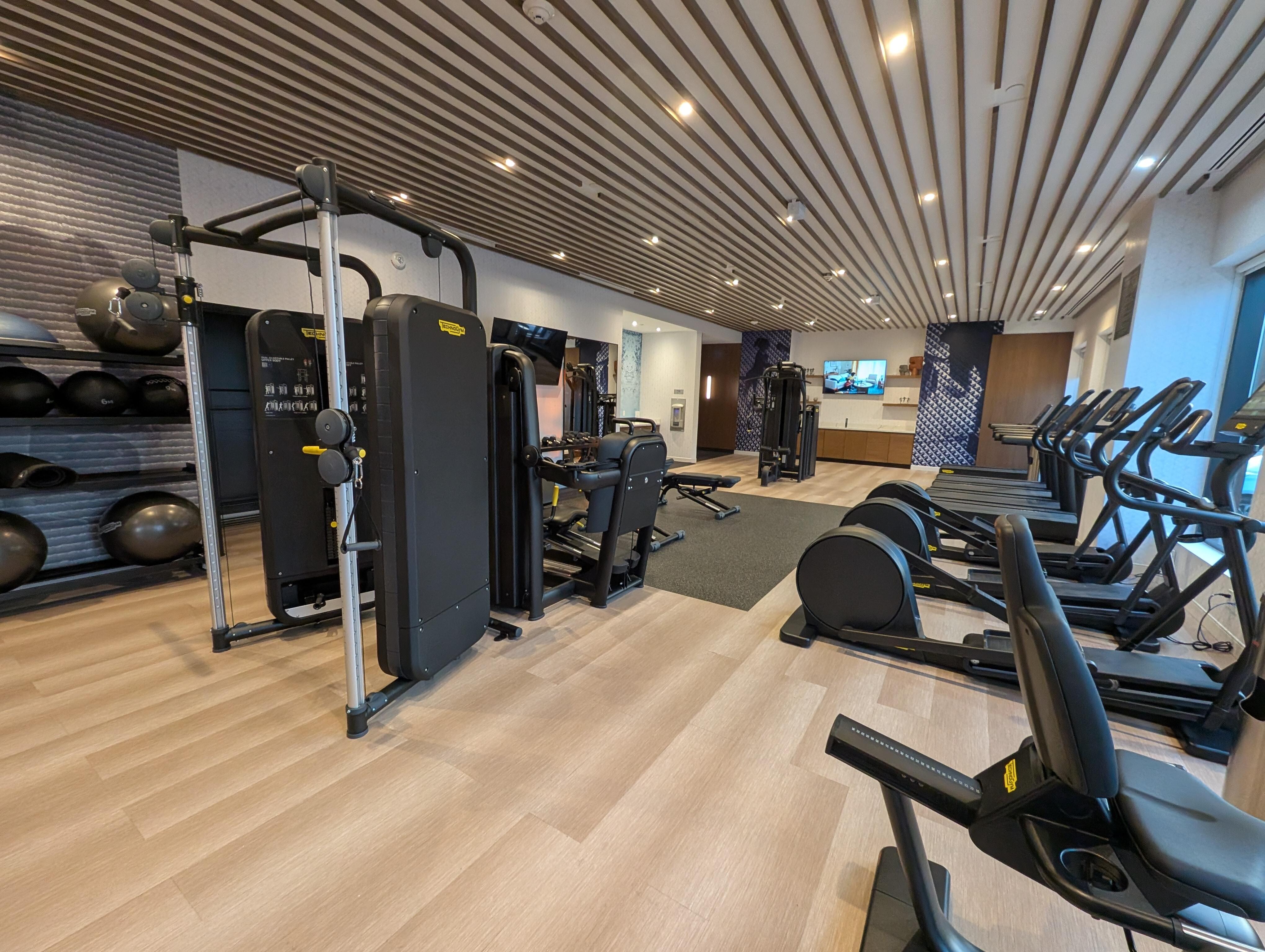 Gym is clean and well-equipped. 