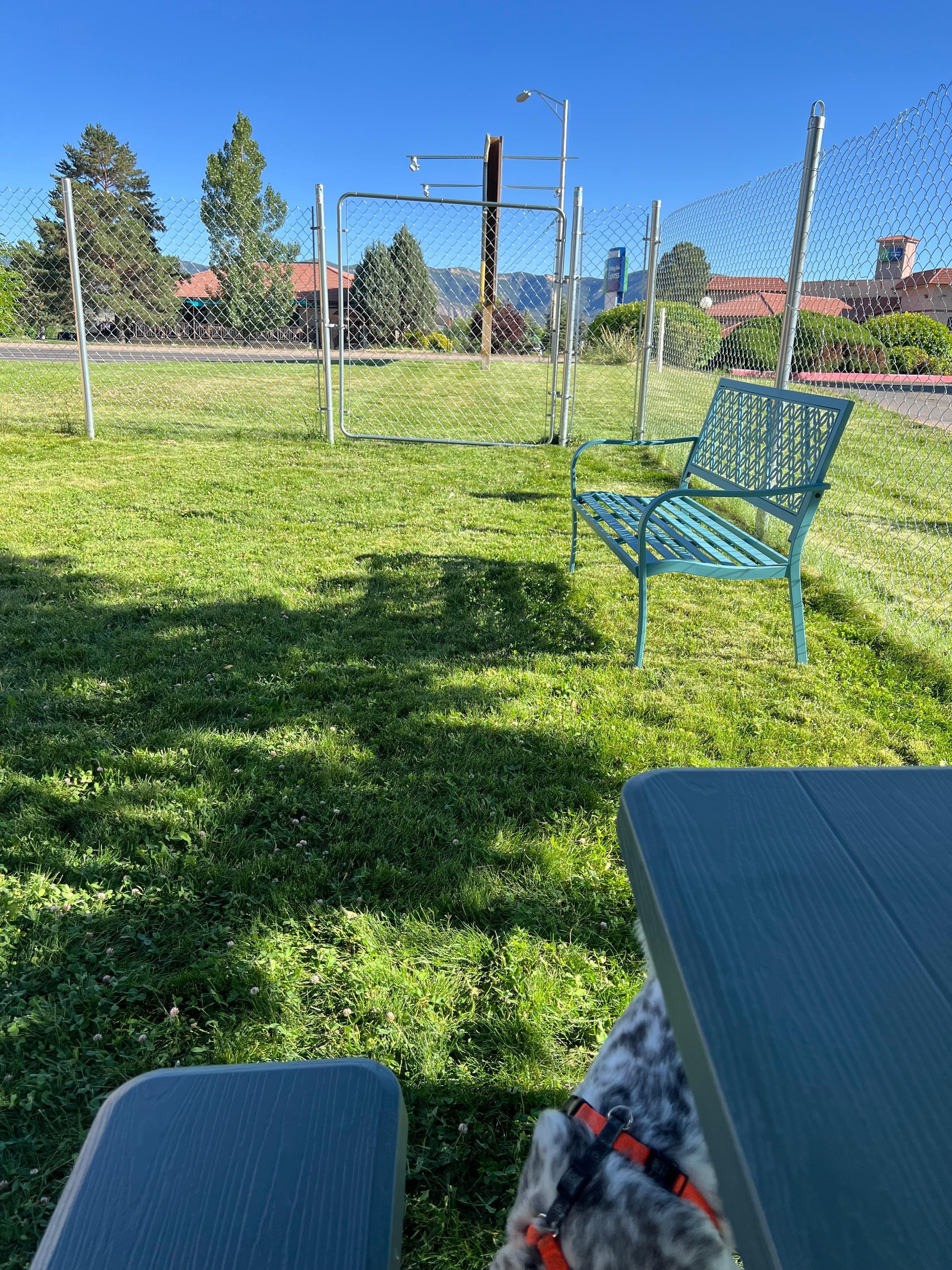 The other end of the dog park has a bench and picnic table!