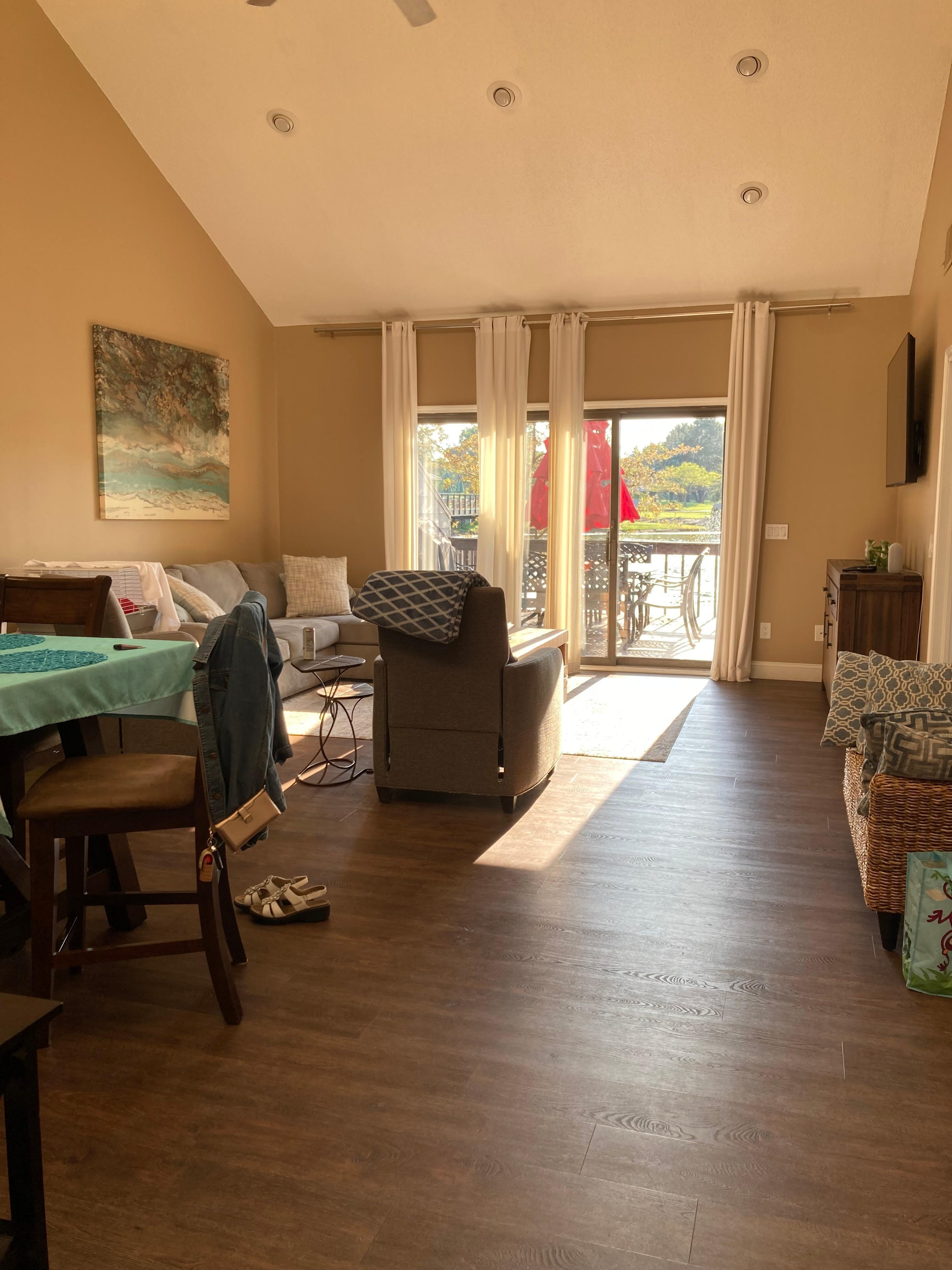 Evening view of the great room and deck.