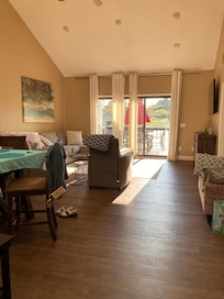 Evening view of the great room and deck.